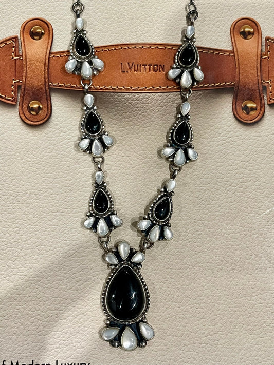 Gorgeous Mother Of Pearl & Onyx Cluster Lariat