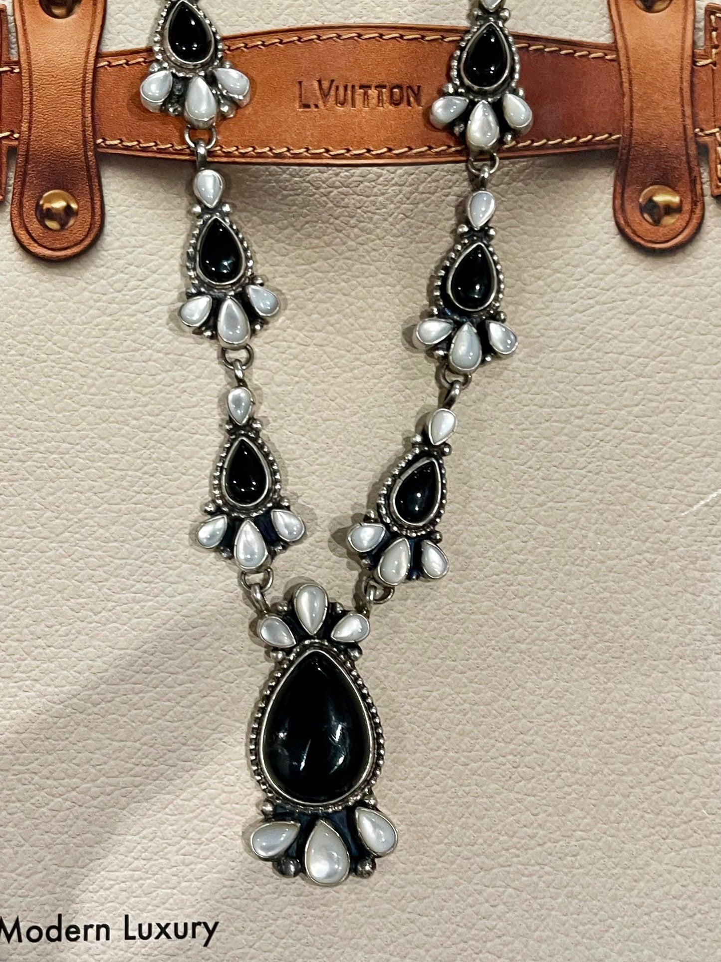 Gorgeous Mother Of Pearl & Onyx Cluster Lariat