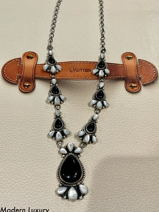 Gorgeous Mother Of Pearl & Onyx Cluster Lariat