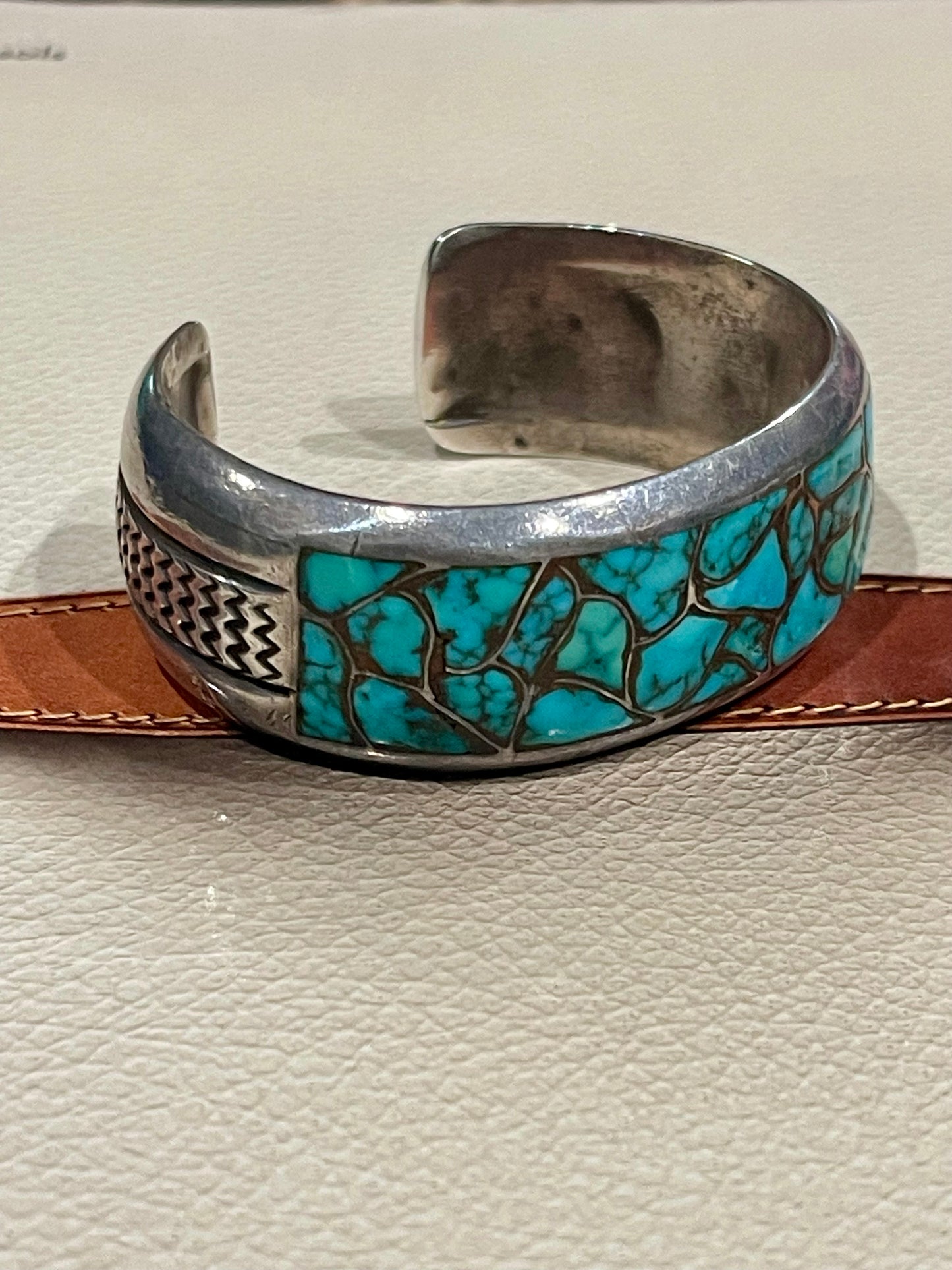 Old Pawn Super Neat Turquoise Inlay Cuff